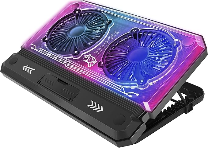 Porodo Gaming Crystal Shell Laptop Cooling Pad with Phone Holder, Dual High-Speed Fans, 8-Level Adjustable Height, RGB Lighting, Anti-Slip Base, USB-A & USB-C Ports – Black (for 10-17” Laptops)