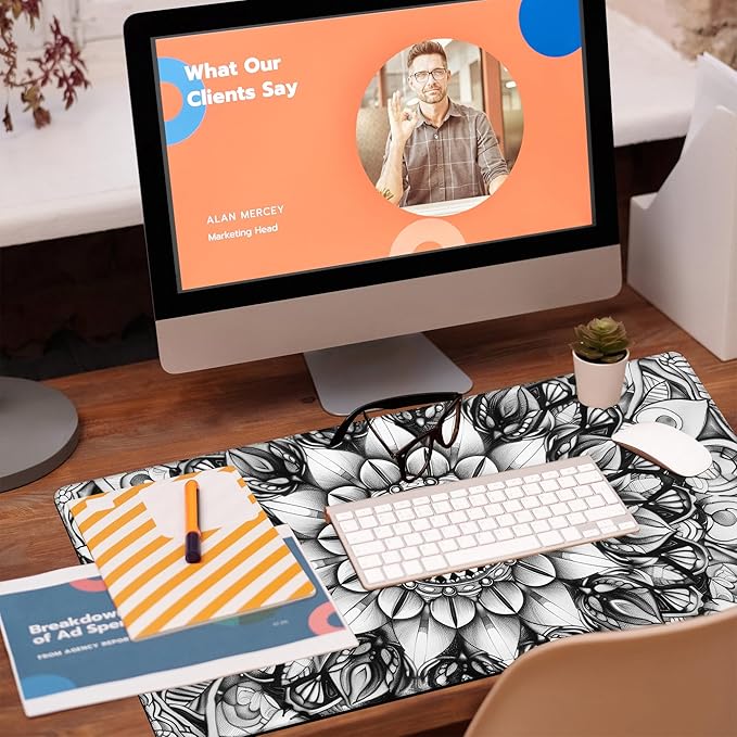 KOAIWPAE Large Gaming Mouse Pad for Desk, Black and White Mandala Desk Mat, Mandala Flower Desk Pad, 31.5"x15.7" Extended Big Computer Keyboard Mouse Pad with Non-Slip Base and Stitched Edge