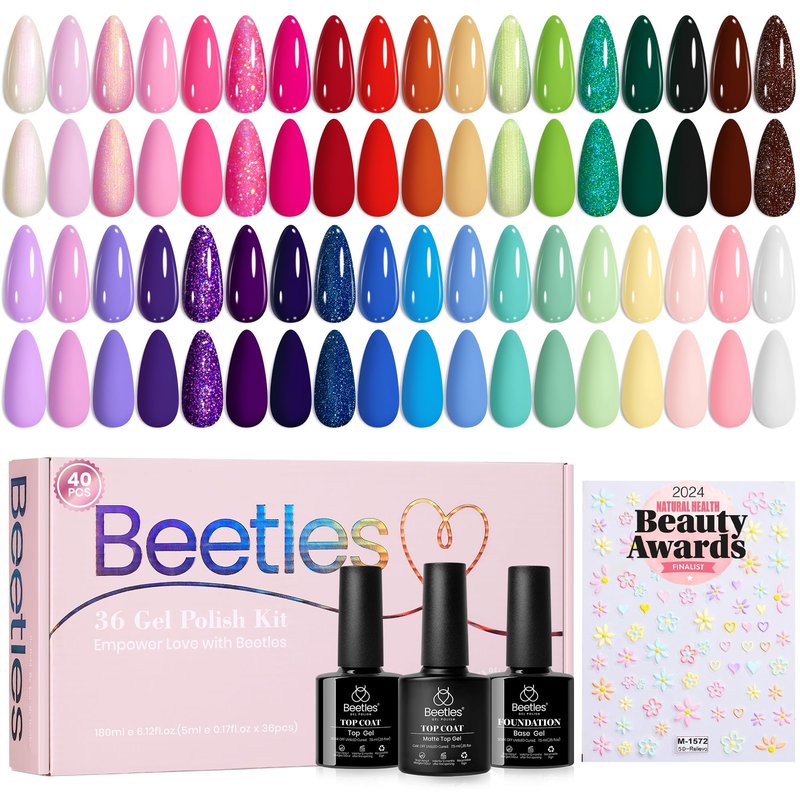 Beetles Summer Gel Nail Polish Set - 36 Colors Verse of Flower Gel Nail Kit, Pink White Black Red Purple Blue Yellow Gel Colors & 3Pcs Base Top Coat Soak off UV Home Salon Gift for Women