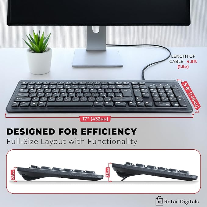 Retail Digitals Wired USB Keyboard | Full-Sized | Ergonomic | Soft Typing | QWERTY Layout | Black