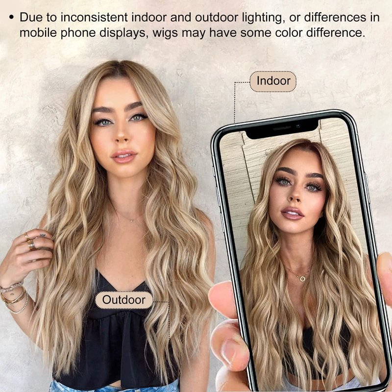 AISI QUEENS Long Blonde Wigs for Women, Ombre Blonde Wavy Synthetic Curly Hair Wigs Natural Looking Middle Part Heat Resistant Fibre for Daily Party Use 24 Inch