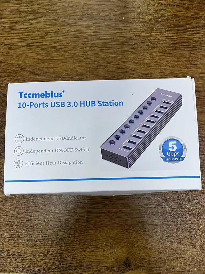 Tccmebius Powered 10-Port USB 3.0 Hub, USB C to 10 Ports USB Data Hub Splitter with Individual LED On/Off Switche, 3.3FT Cable, 12V/3A Power Adapter, for Laptop MacBook Pro/Air PC (Aluminum Gary)