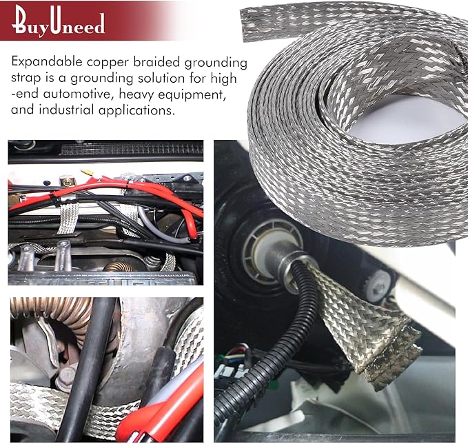 BuyUneed Tinned Copper Metal Braid Sleeving Wire Shielding Sleeve Braided Copper Ground Straps EMI/RFI Interference Expandable Flat Mesh Shielding Cable for Protect Wire (1/2inch-13ft)