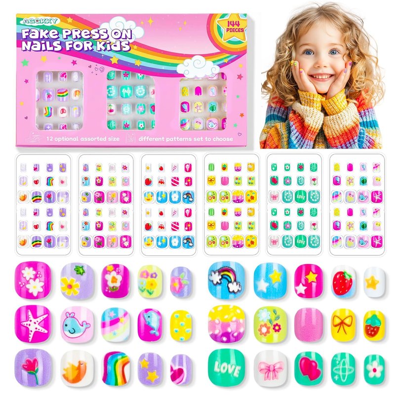 Kids Press-On Nails - 144 Pieces Full Cover Short Acrylic Nail Art Kits for Girls | Cute Patterns