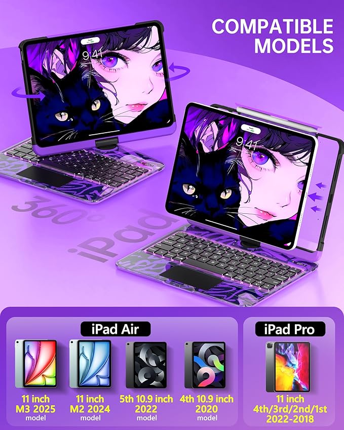 Intermerge Transparent Case with Keyboard for iPad Air 11"(M4/ M3/ M2, 2026/2025/ 2024), Air 5th/4th, Pro 11" 2022-2018, 360° Swivel Multi-Touch Trackpad, 7-Color Backlit, Pencil Holder, Neon Pulse
