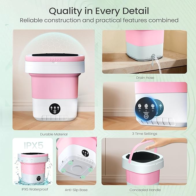 Portable Washing Machine - 16L Mini Foldable Washer with Spin Basket, 3 Cleaning Modes & Deep Cleaning for Small Clothes, Collapsible Laundry for Apartment, Home, Hotel and Travel (Pink)