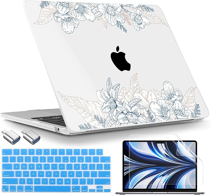 TWOLSKOO for MacBook Air 13 inch Case M4 A3240 M3 A3113 M2 A2681 2025 2024 2022 Plastic Hard Shell, Keyboard Cover, Type C Adapter, Screen Protector for MacBook Air 13.6 inch, Engraved Sketch