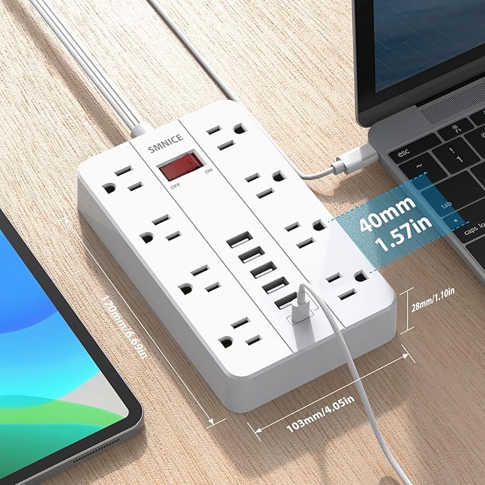 SMNICE Power Strip with USB, Power Strip Flat Plug with 8 Widely Spaced Outlets and 6 USB Ports(1 USB C), 5ft Extension Cord Wall Mountable Phone Tablet Laptop Computer Multiple Devices