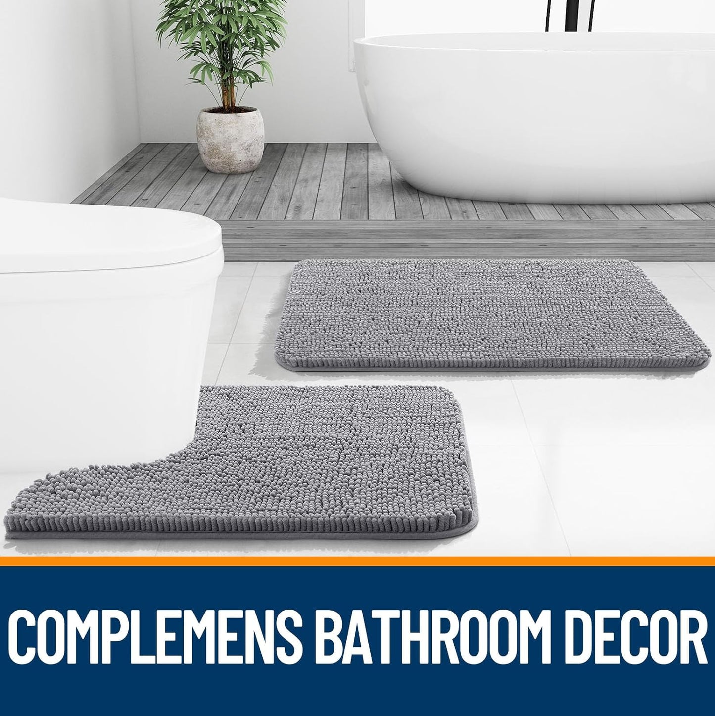 OLANLY Bathroom Rugs - Extra Soft Chenille Bath Mats with Rubber Backing | Quick Dry, 32x20, Grey
