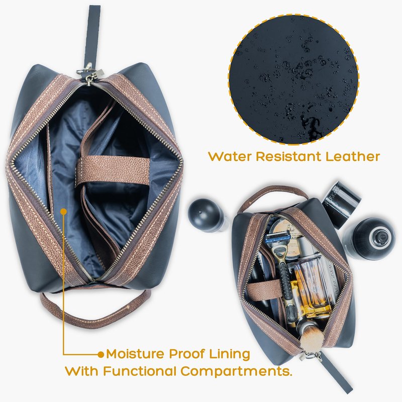 Premium Real Leather Toiletry Bag With Hook, Handmade Full-Grain Genine Leather Kit Bag for Men & Women, Water-Resistant Travel Organizer (Fits 3-4 oz Bottles) Luxury Shaving/Grooming Kit Gift