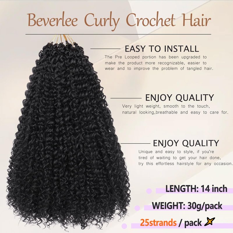 Beverlee Kinky Crochet Hair - 14 Inch Curly & Wavy Synthetic Pre-Looped Crochet Hair for Black Women - 8 Packs
