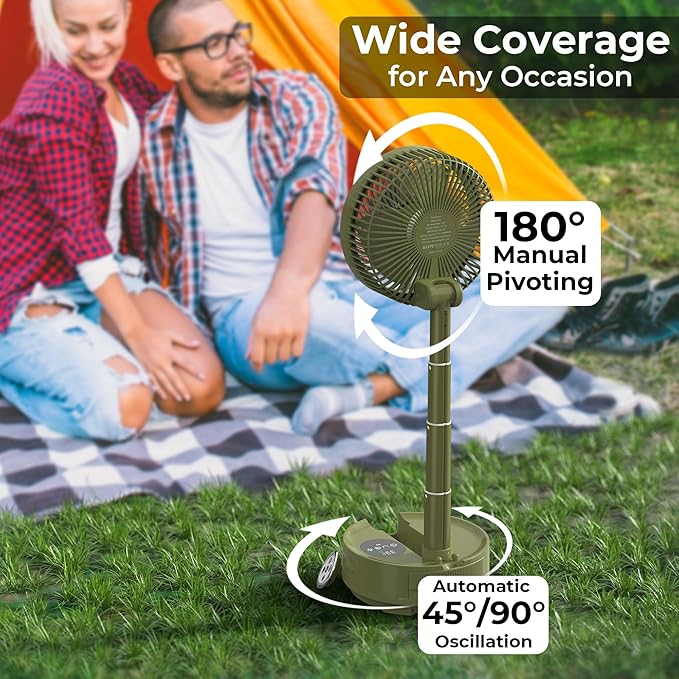 Portable Travel Fan, Foldable Standing Fan for Bedroom, 112H Run & 9 Speeds, Rechargeable Fan With Timer & Remote, Collapsible Oscillating Fan for Travel Cruise Essential Home RV Outdoor Power Outage