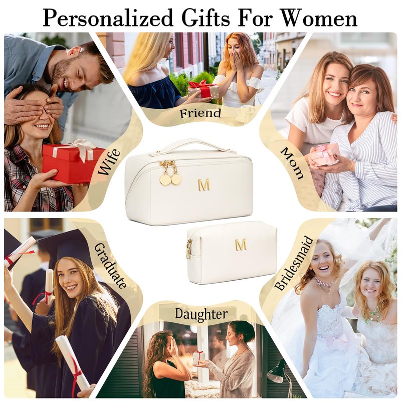 CLOUDWINGS Birthday Gifts for Women Teen Girl, Personalized Initial Makeup Organizer Bag Set, Open Flat Travel Cosmetic Bag With Clear Divider and Handle(Beige,M)