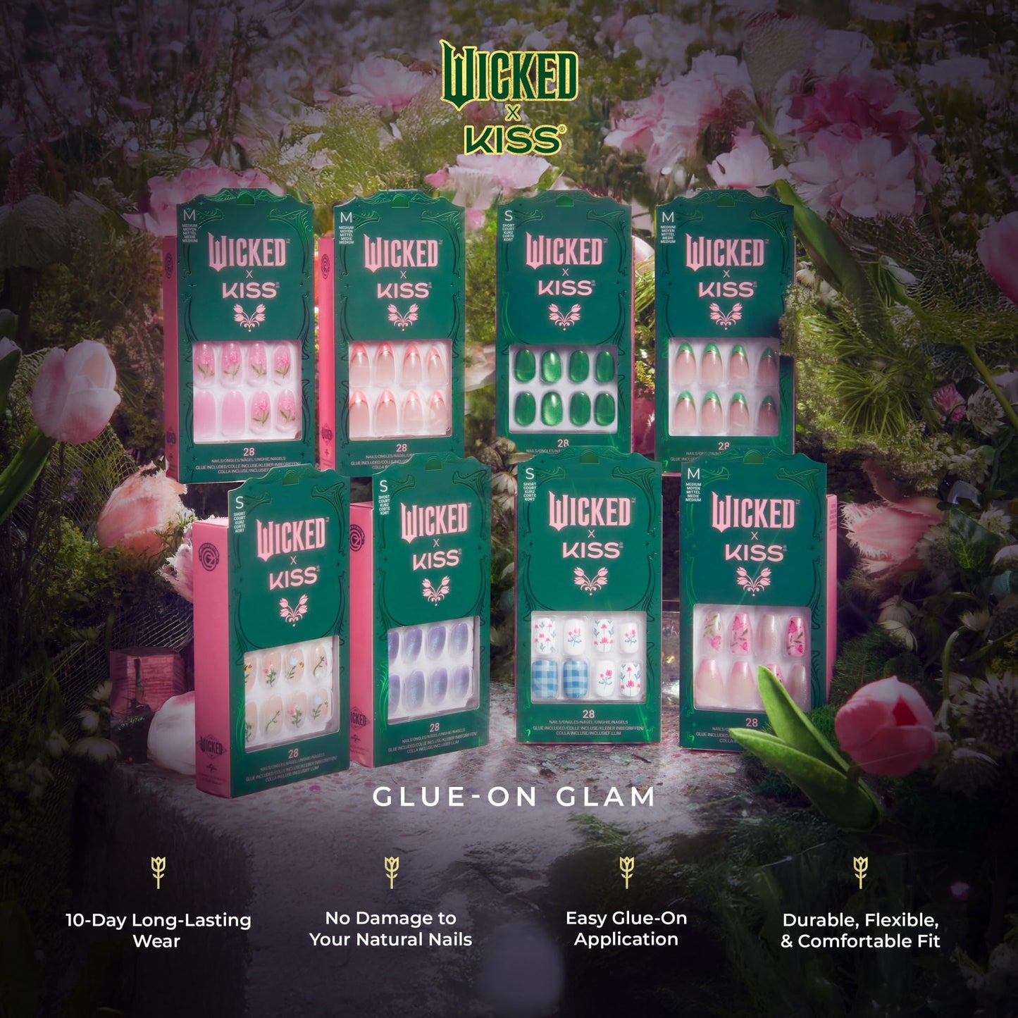 WICKED X KISS Press On Nails Almond, ‘Thrillifying!’, Green, Medium, Waterproof, Chip Proof, Smudge Proof, 28 Fake Nails, Pink Gel Nail Glue (2g), Mini Nail File, & Manicure Stick