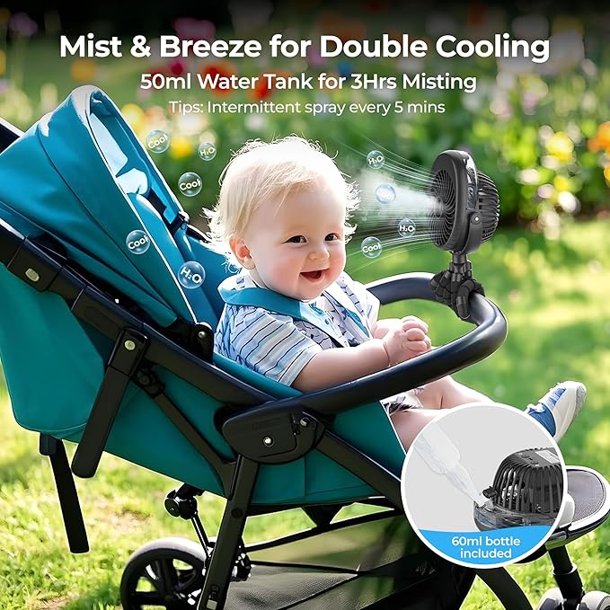 2025 Upgarded 4000mAh Misting Baby Stroller Fan, Rechargeable Battery Operated,Max 15Hrs Cooling,50ml Portable Water Sprayer Misting Fan with Flexible Tripod Clip on Car Seat Crib Treadmill Bunk Bed