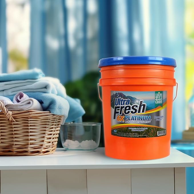 Ultra Fresh 6X Platinum 5 Gallon Laundry Detergent Liquid for All Machine Types with Easy Dispensing Pump, Up to 640 Loads, Mountain Fresh (5 Pack)