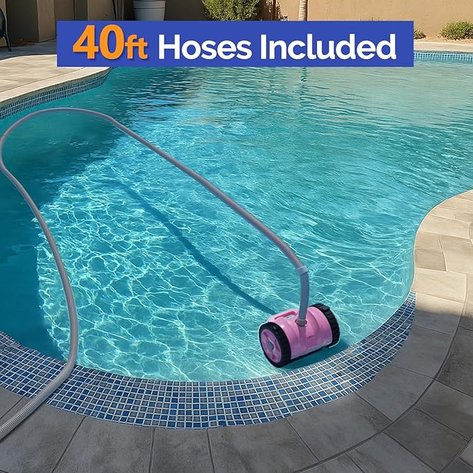 VINGLI Pool Vacuum Cleaner, Automatic Pool Sweeper for Ground&Inground Pools, Suction Side Wall-Climbing Sweeper with 39.6ft Tangle-Free Hose (Comfort Pink&Gray)