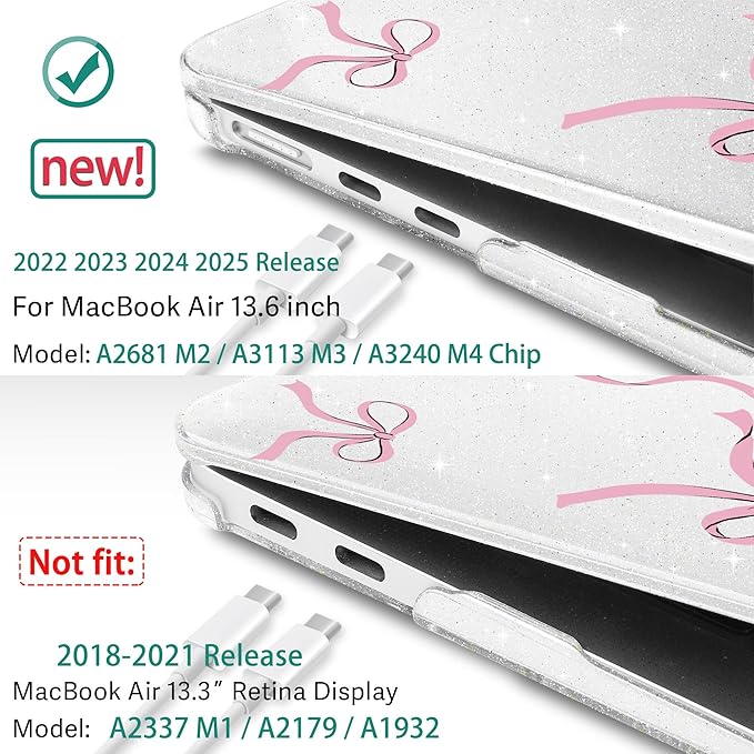 May Chen Case for MacBook Air 13/13.6 inch M5 A3449 M4 A3240 M3 A3113 M2 A2681, 2026 2025 2024-2022, Plastic Hard Shell with Keyboard Cover & Screec Protector, Clear Glitter Bow