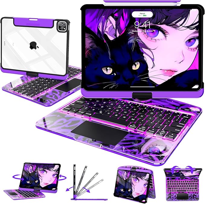 Intermerge Transparent Case with Keyboard for iPad Pro 13" (M5/ M4,2025/2024) 2024, 360° Multi-Touch Trackpad, 7-Color RGB Backlit Keyboard, Pencil Holder, Type-C, Power Indicator - Neon Pulse
