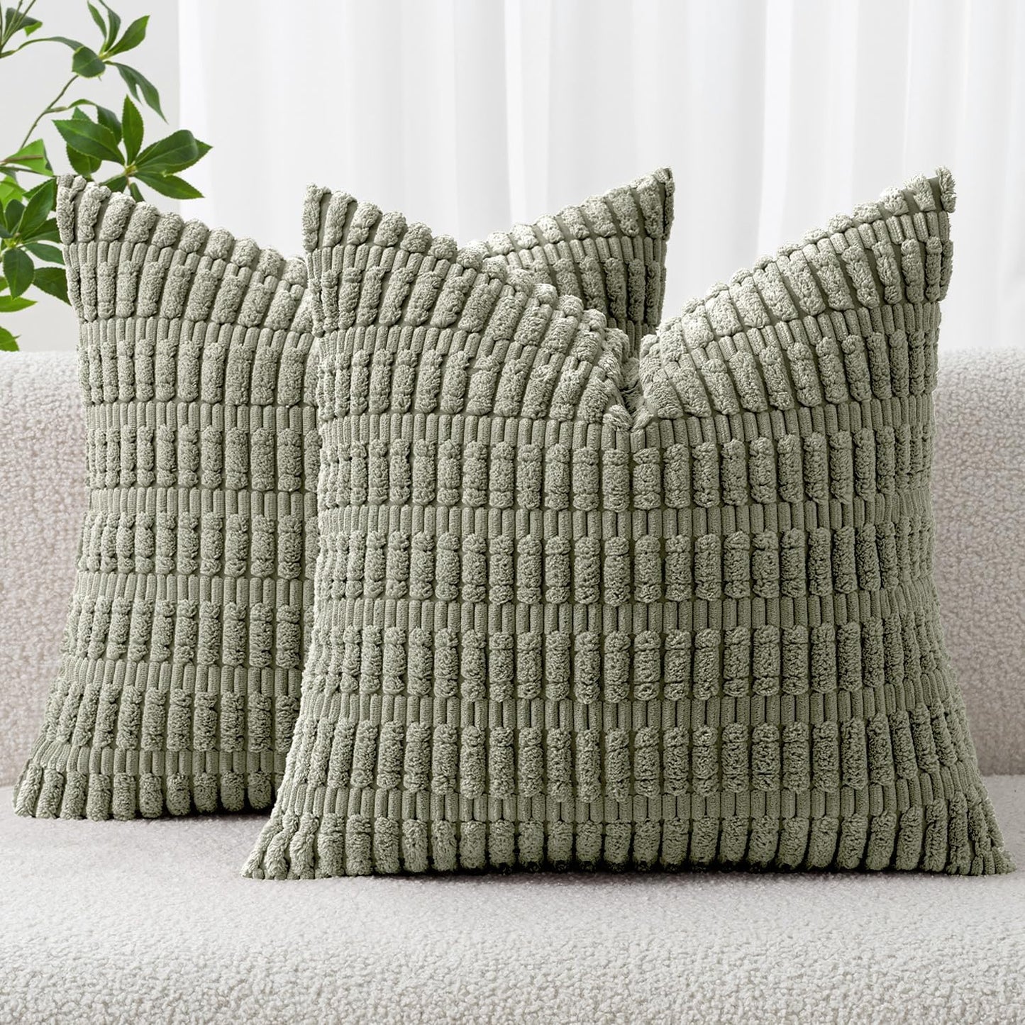 MIULEE Corduroy Throw Pillow Covers - Soft Boho Striped Design | 18x18 Inch Light Olive Green for Modern Home Decor