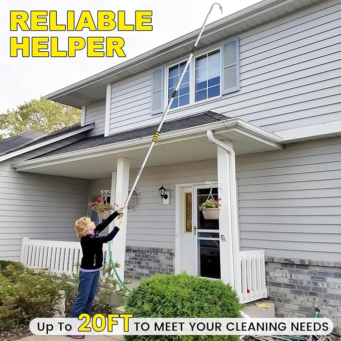 Gutter Cleaning Tools from Ground, 12FT Telescoping Pole (20FT Reach) - Heavy-Duty Zinc Alloy Head, 360Â° Spray Nozzle & Leak-Proof Kit, No Ladder Needed for Roof Gutters
