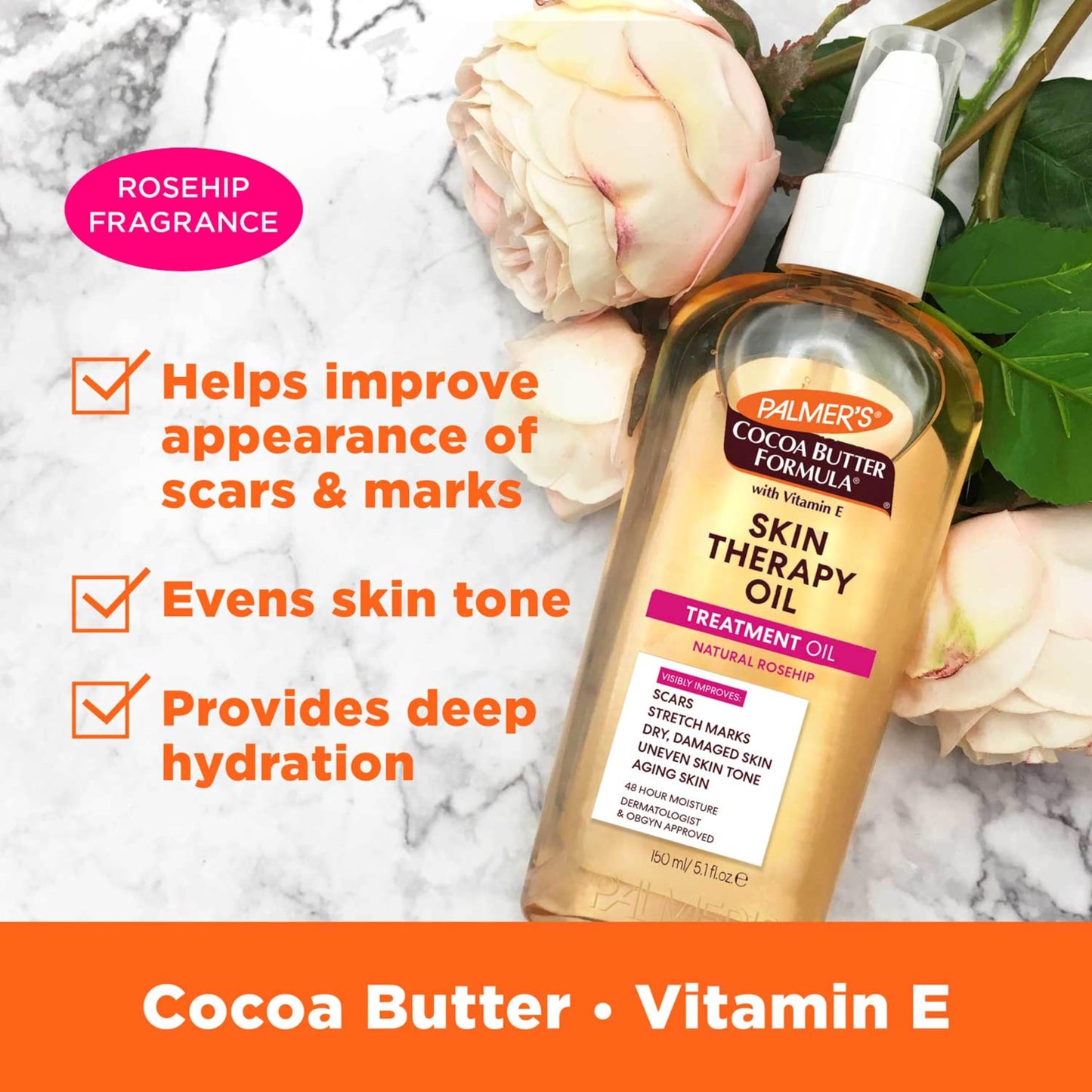 Palmer's Cocoa Butter Formula Skin Therapy Moisturizing Body Oil with Vitamin E, Rosehip Fragrance, 5.1 Ounces