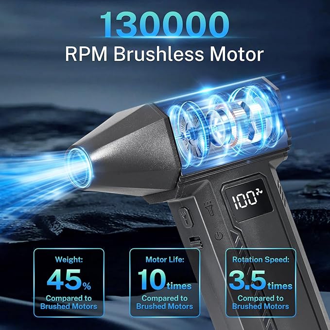 Pasoun 2-in-1 Electric Compressed Air Duster & Car Vacuum Cleaner - 130000RPM High Power Air Blower with LED Light 100-Gear Rechargeable Strong Keyboard Cleaner for PC, Laptop, Home, Car - Black