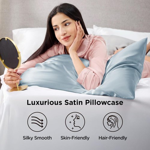 Bedsure Satin Pillowcase - Luxurious Silk-Like Comfort | Standard Size, Stone Blue, 20x26 Inches, 2-Pack