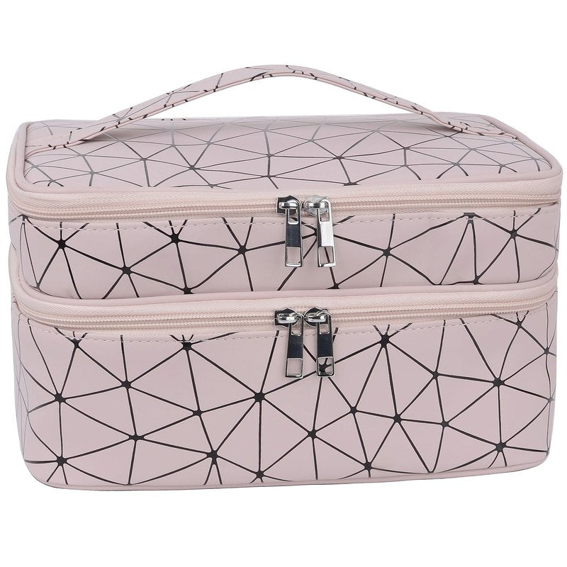 MKPCW makeup bag large Double-layer cosmetic bag with brush bag and divider (Pink+ three dividers)