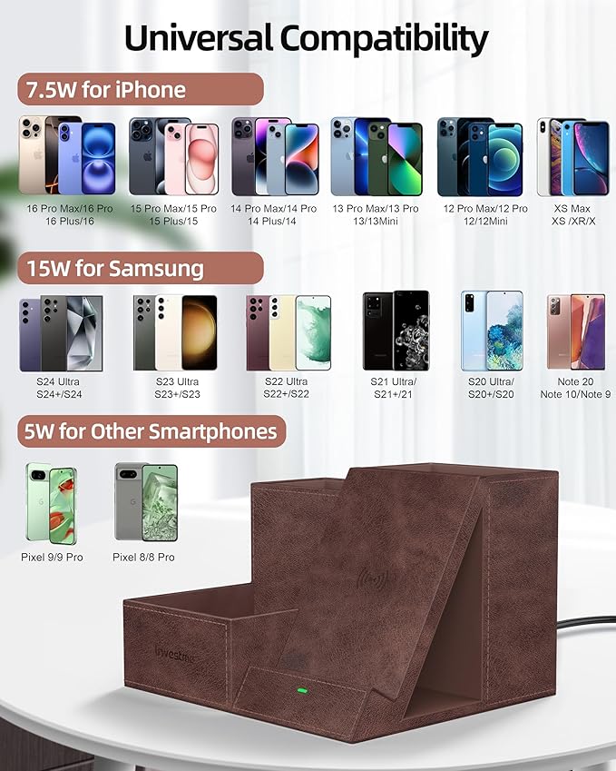Investme Wireless Charger with Desk Organizer, Pen Pencil Holder, Multifunctional Desktop Organizer, Office Supplies and Desk Accessories Organizer with 3 Compartments and 1 Phone Stand, Dark Brown