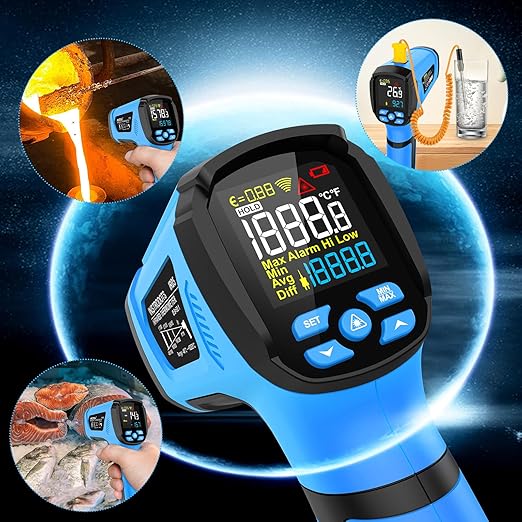 INSTRODOTS Infrared Thermometer Temperature Gun, -40℉ to 2192℉ Dual Laser High Temp Thermometer with LCD Color Display, Non-Contact Industrial Pyrometer 50:1 Distance Ratio, Adjustable Emissivity