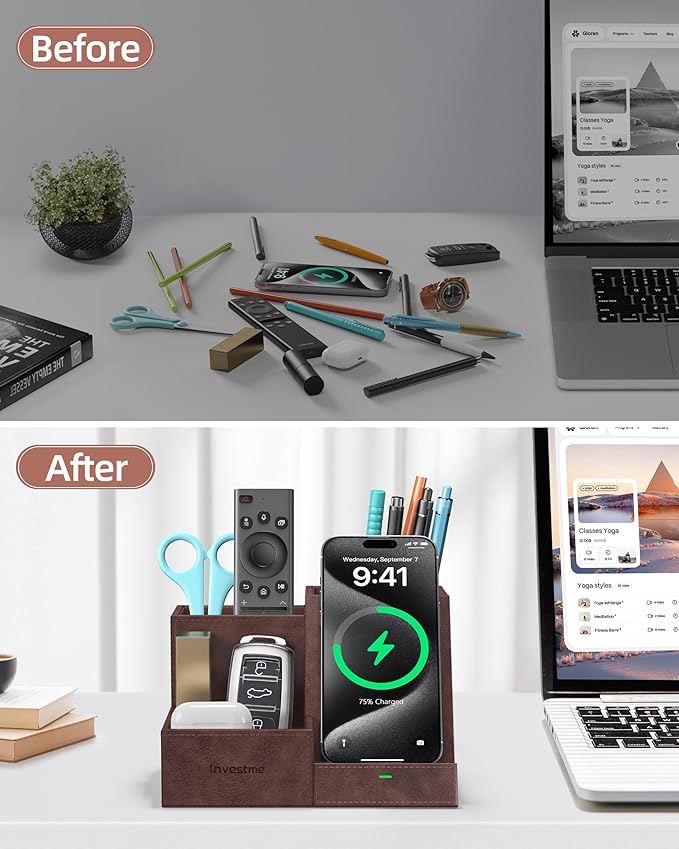 Investme Wireless Charger with Desk Organizer, Pen Pencil Holder, Multifunctional Desktop Organizer, Office Supplies and Desk Accessories Organizer with 3 Compartments and 1 Phone Stand, Dark Brown