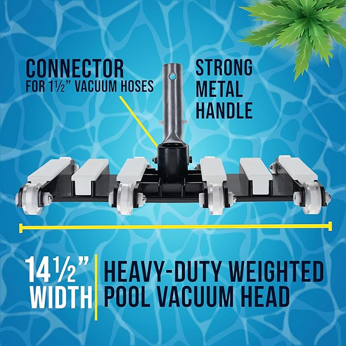 U.S. Pool Supply Manual Pool Vacuum Head for Inground Pools, Flexible, Extra-Wide, Weighted - 6 Weights, Connect 1.5" Hose, Metal Pole Handle - Swimming Cleaning Accessory Attachment, Vac Clean