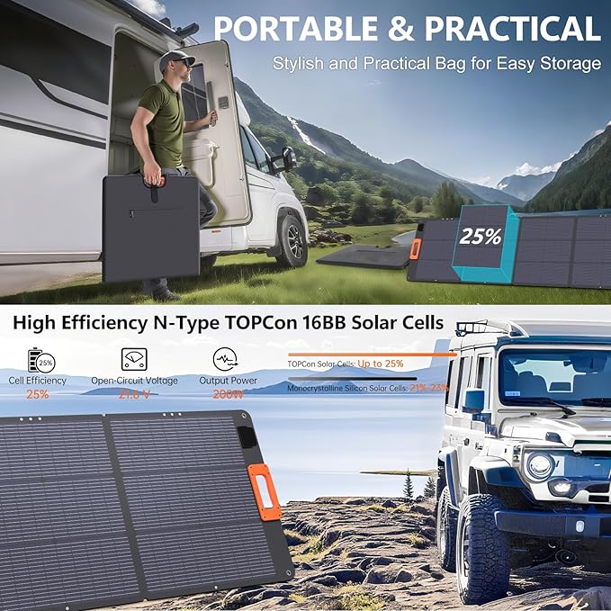 TPDEFZQ N-Type 16BB 200W Portable Solar Panel for Power Station ETFE Foldable Solar Panel High 25% Efficiency IP68 Waterproof Solar Panels Kit for Outdoor Camping RV Backuot
