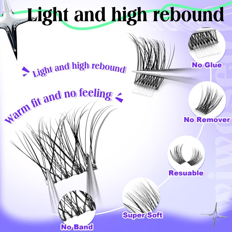 wiwoseo Self Adhesive Lashes Clear Band Lashes Clusters No Glue Needed Self Adhesive Lash Clusters Pre Glued Eyelash Clusters Press on Lashes Resuable Eyelash Extensions without Glue