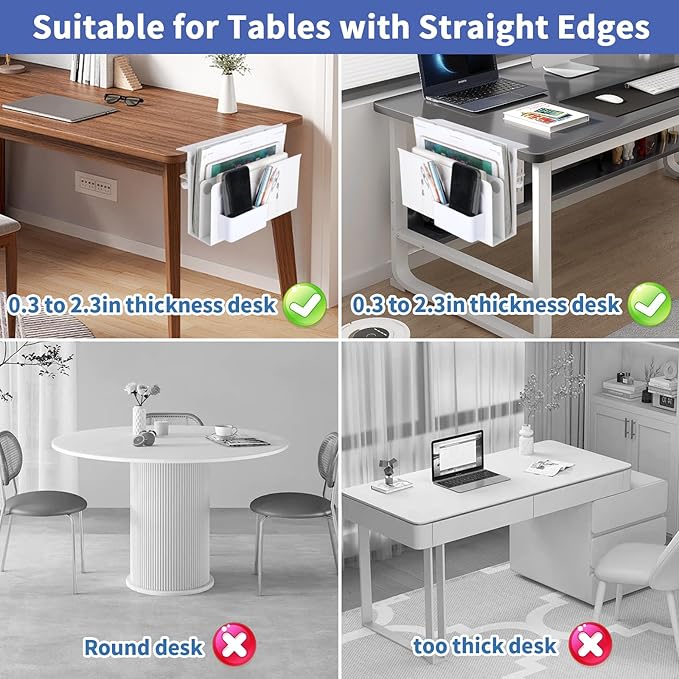 osseph 2 Tier Desk Side Storage Organizer, Under Desk Laptop Holder with Magnetic Pen Holder, No Drill Hanging Desks Caddy for Office & Home, Clamp On Desk Shelf for Tablet, Files, Accessories(White)