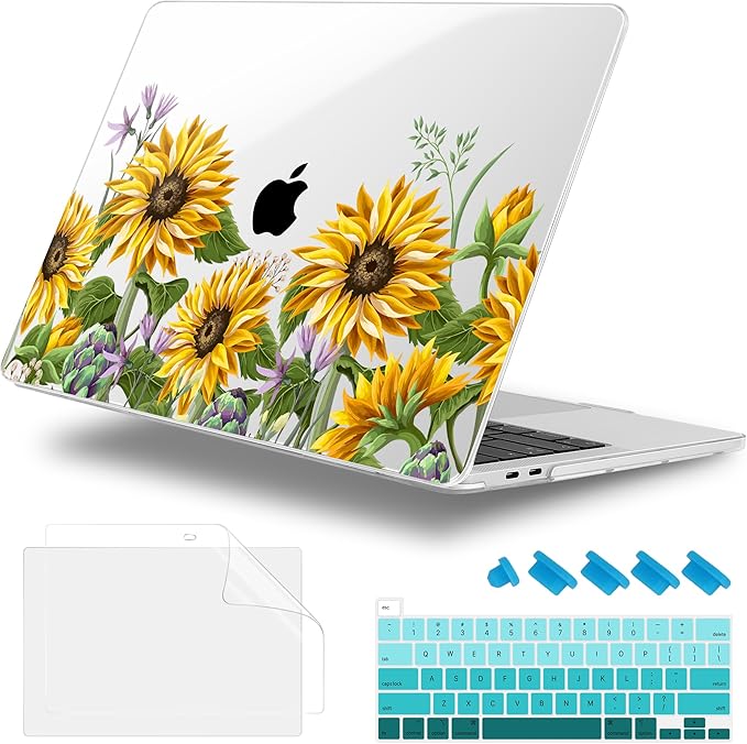 Lepeoac Case for MacBook Pro 13 inch Case M2 2022-2016 A2338 M1 A2251 A2289 A2159 A1989 A1708 A1706, Plastic Hard Shell + Keyboard Cover + Dust Plug, Sunflowers