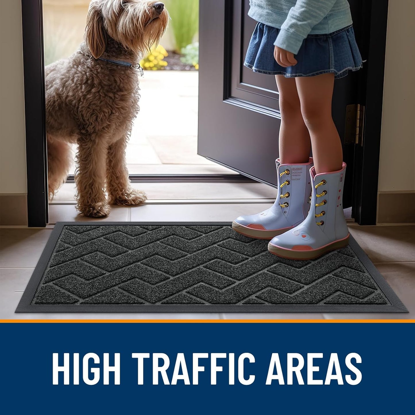 OLANLY Waterproof Front Door Mat - All-Weather Herringbone Design | Easy Clean, Low Profile (Black, 47x23)