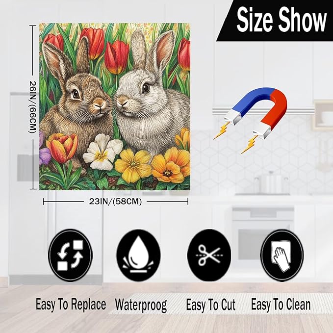 Two Rabbits Dishwasher Panel Decal Magnetic Cover Spring Colorful Flowers Home Appliance Decoration, Easter Bunny Dishwasher Magnet Full Door Cover, Easy Update (23" x 26" Magnetic)