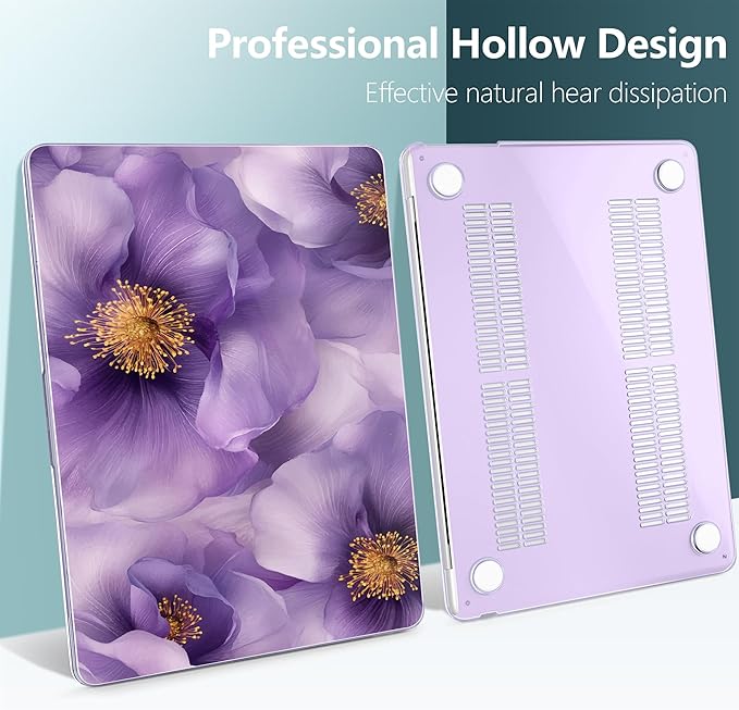 TWOLSKOO for MacBook Air 15 inch Case 2026 2025 2024 2023 Release M5 A3448 M4 A3241 M3 A3114 M2 A2941, Plastic Hard Shell & Screen Protector & Keyboard Cover & Type C Adapter, Purple Flowers