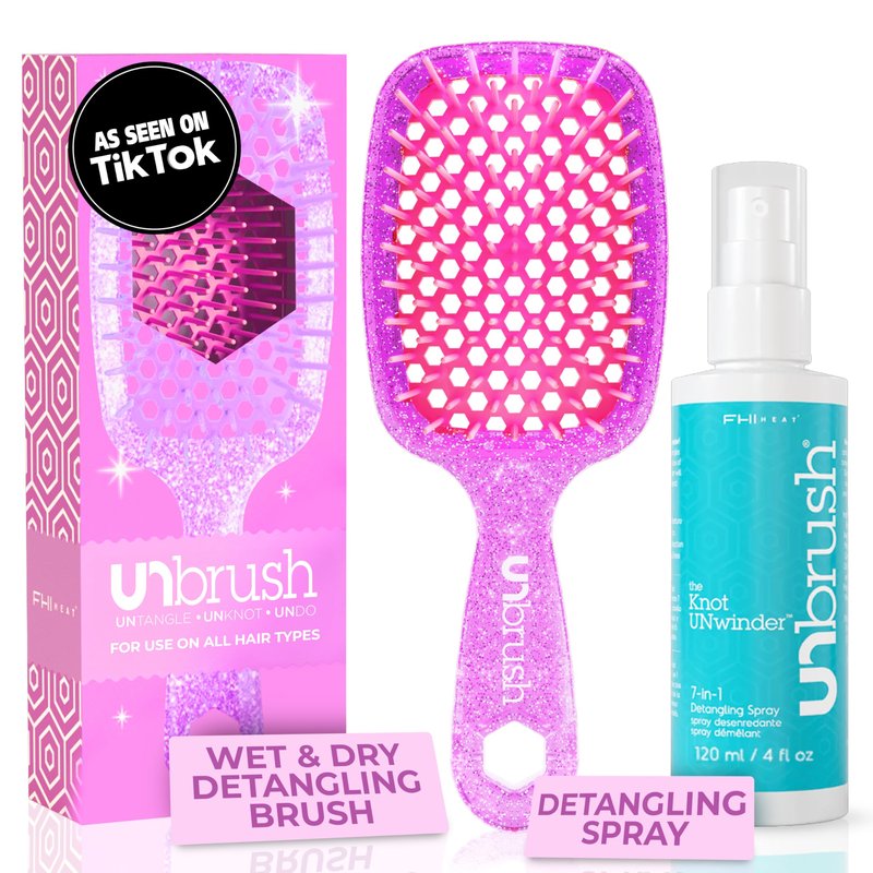 FHI Heat UNbrush Detangling Brush and UNwinder Detangling Spray Combo Pack - Tangle-Free Hair, Pain-Free Brushing, Anti-Static Bristles, Lightweight Hair Brush, Rose Quartz Pink