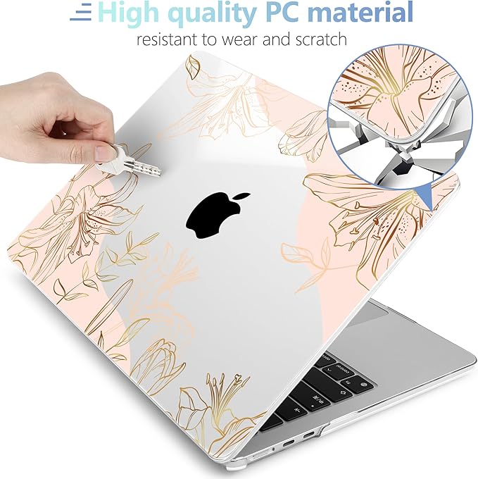MEEgoodo for M5/M4/M3/M2 MacBook Air 15 inch Case 2026 2025 2024 2023, Case Fit Model (A3448/A3241/A3114/A2941) for MacBook Air 15.3 inch, Gold Flowers Lilies