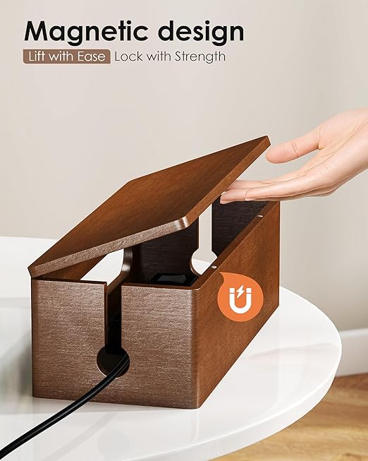 YECAYE Solid Wood Cable Management Box, Walnut Color Cable Organizer Box with Magnetic Closure, for Power Strip & Wire Storage, Cord Organizer, Hide Cords, Home Office Decor,14.2 x 6.1 x 4.1 Inch