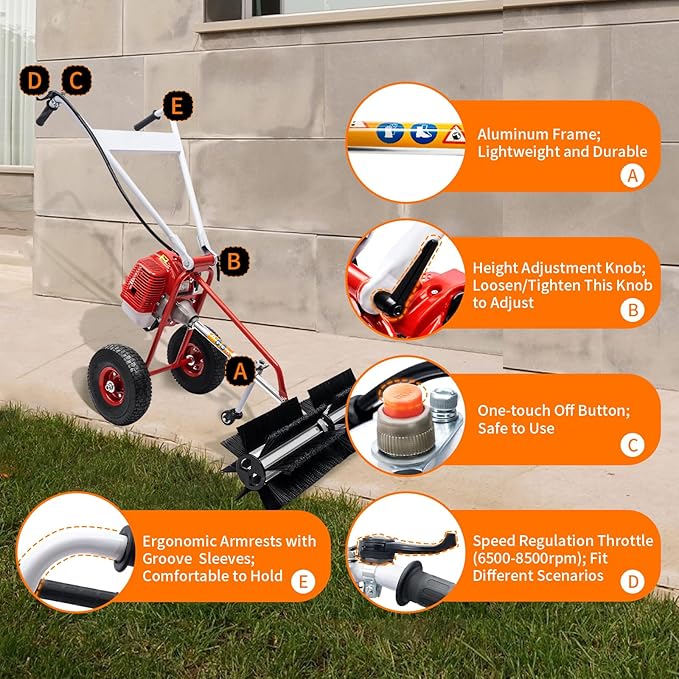 Gas Power Sweeper Broom, 43cc 1.7HP 2-Stroke Handheld Gas Power Held Sweeper Broom Grass Walk Behind Hand Lawn Sweeper with Wheels for Cleaning Driveway Farms Parks Turf
