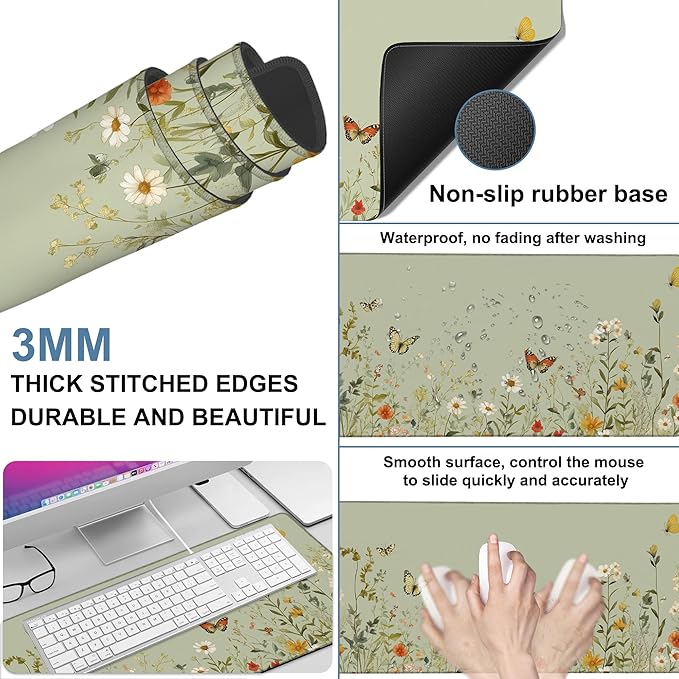 NITAHHHY Large Mouse Pad Wildflowers Gaming Desk Pad Computer Keyboard Non-Slip Waterproof Mouse Mat with Rubber Base and Stitched Edges Entertainment Office Writing Desk Mat 35.4 x 15.7 Inches