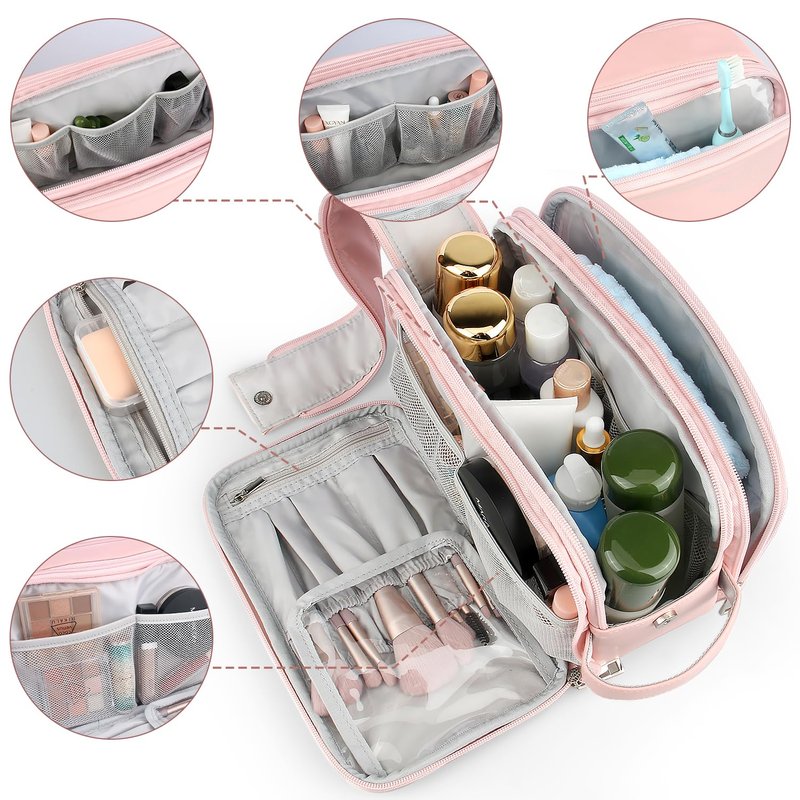Rhea Rose Toiletry Bag for Women, Makeup Travel Bag Organizer, Large Bathroom Cosmetic bag, Traveling Dopp Kit Accessories Shower Bag, Pink