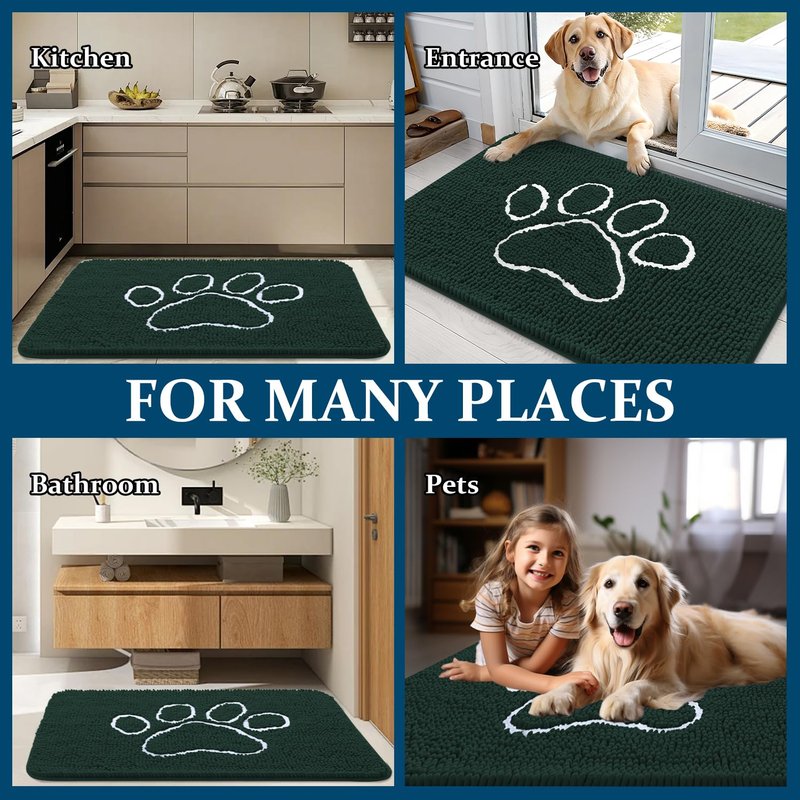 OLANLY Dog Door Mat for Muddy Paws 24x16, Paw Print Design, Absorbs Moisture and Dirt, Absorbent Non-Slip Washable Doormat, Quick Dry Chenille Mud Mat, Entry Indoor Entryway Carpet, Blackish Green