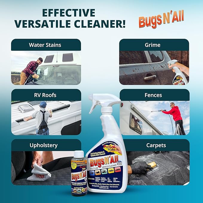 Bugs Nâ All Multipurpose Car Cleaner & Degreaser - Bug & Tar Remover Concentrate 4 oz - Exterior Cleaner Safe for Car Paint, Metal, Chrome, Aluminum, Windows & Mirrors - w/Free 32 oz Spray Bottle