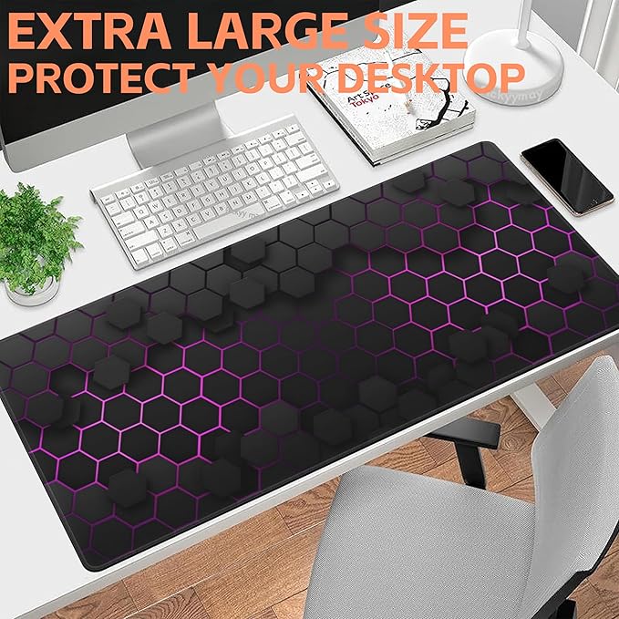 NIYLYNSYN Mouse Pad Large Electric Glow Hexagonal Non-Slip Gaming Desk Mat with Stitched Edge Laptop Keyboard Desk Pad for Work Home Gaming (35.4 x 15.7 Inches)