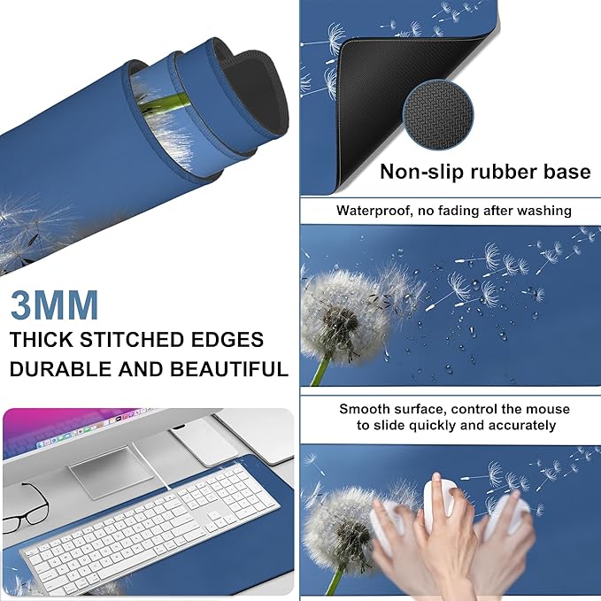 NITAHHHY Flying Dandelion Seeds Gaming Mouse Pad 3mm Thick Stitched Edge Waterproof Non-Slip Large Computer Keyboard Mouse Mat,Suitable for Office Entertainment Decorative Desk Pad 35.4 x 15.7 Inches